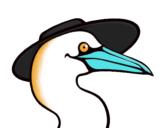 A gif of Neo, a northern gannet-like bird wearing a black hat; it is opening and closing its turquoise beak